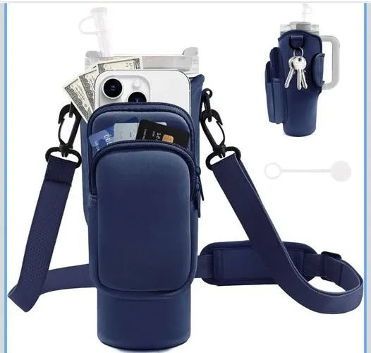 40oz Water Bottle Carrier Bag for Stanley Quencher Tumbler with Adjustable Strap & Pockets | Neoprene Sleeve Cup Holder Pouch ( Random Color )