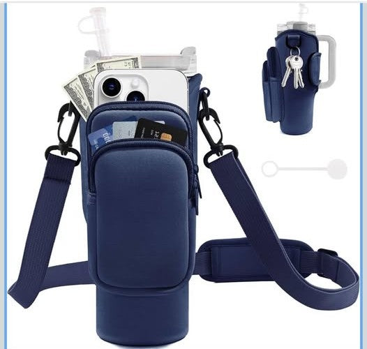 40oz Water Bottle Carrier Bag for Stanley Quencher Tumbler with Adjustable Strap & Pockets | Neoprene Sleeve Cup Holder Pouch ( Random Color )