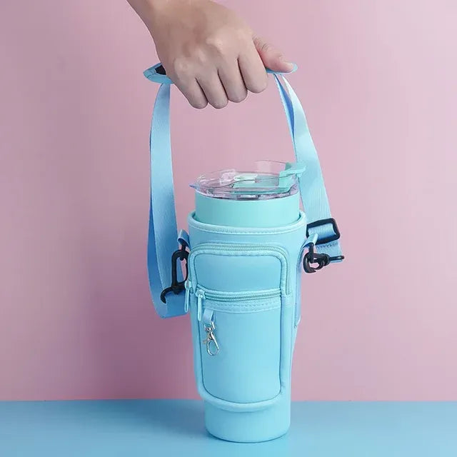 40oz Water Bottle Carrier Bag for Stanley Quencher Tumbler with Adjustable Strap & Pockets | Neoprene Sleeve Cup Holder Pouch ( Random Color )