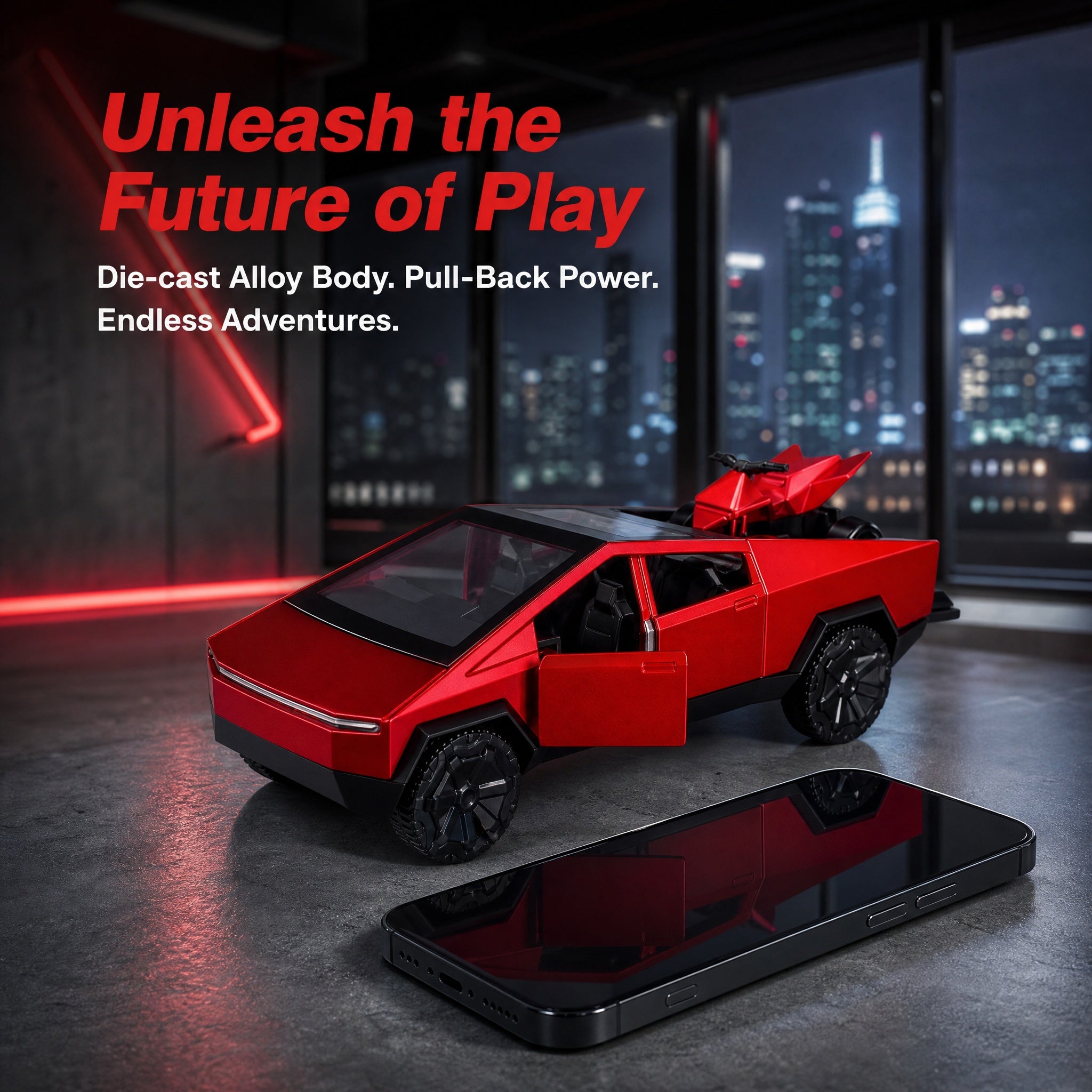 2-in-1 Tesla Cybertruck Diecast Metal Toy Car with Mini Quad Bike ATV – 1:32 Scale Alloy Pull Back Pickup Truck, Openable Doors & Tailgate, Collectible Model for Kids & Adults