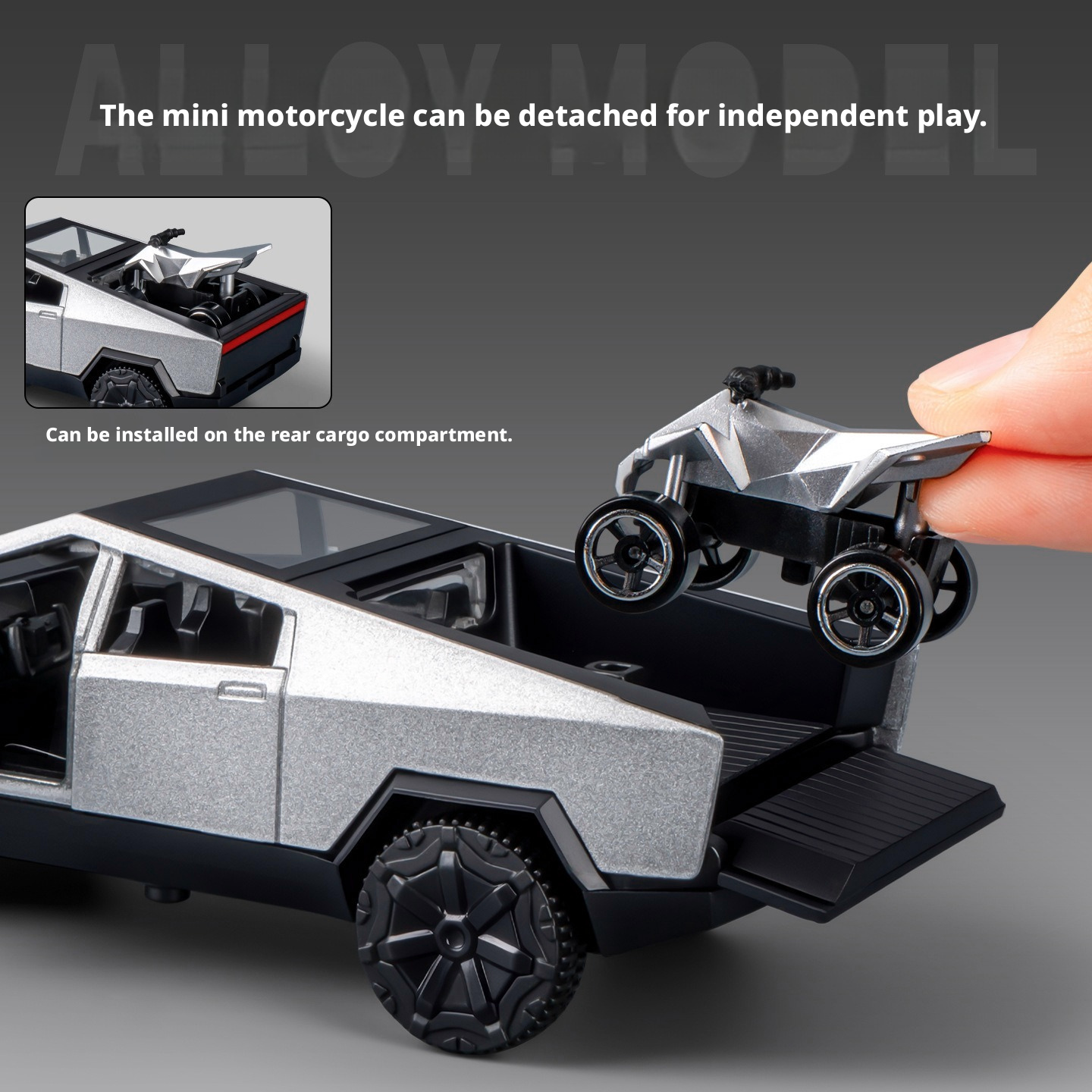 2-in-1 Tesla Cybertruck Diecast Metal Toy Car with Mini Quad Bike ATV – 1:32 Scale Alloy Pull Back Pickup Truck, Openable Doors & Tailgate, Collectible Model for Kids & Adults
