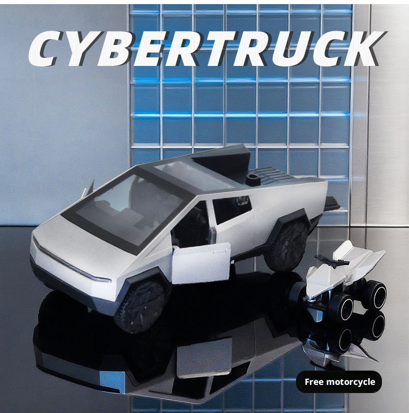2-in-1 Tesla Cybertruck Diecast Metal Toy Car with Mini Quad Bike ATV – 1:32 Scale Alloy Pull Back Pickup Truck, Openable Doors & Tailgate, Collectible Model for Kids & Adults