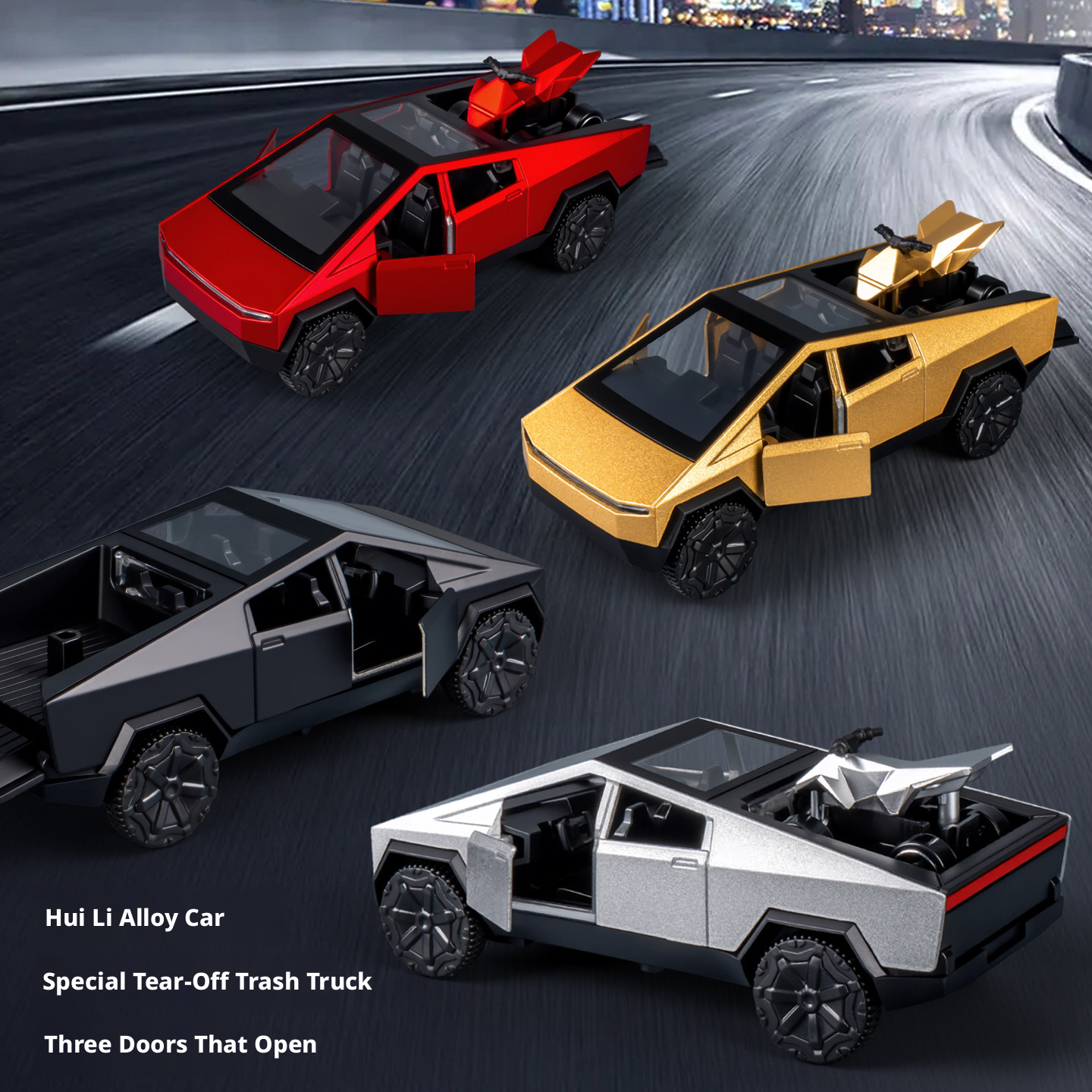 2-in-1 Tesla Cybertruck Diecast Metal Toy Car with Mini Quad Bike ATV – 1:32 Scale Alloy Pull Back Pickup Truck, Openable Doors & Tailgate, Collectible Model for Kids & Adults
