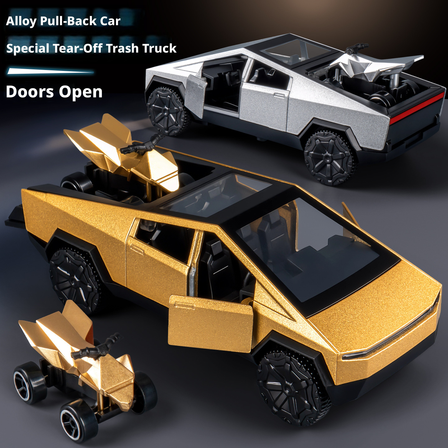 2-in-1 Tesla Cybertruck Diecast Metal Toy Car with Mini Quad Bike ATV – 1:32 Scale Alloy Pull Back Pickup Truck, Openable Doors & Tailgate, Collectible Model for Kids & Adults
