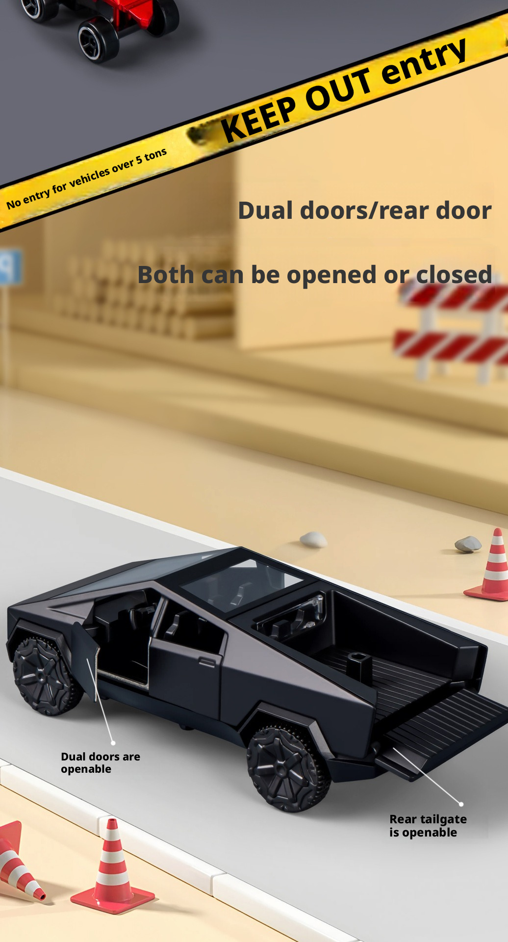 2-in-1 Tesla Cybertruck Diecast Metal Toy Car with Mini Quad Bike ATV – 1:32 Scale Alloy Pull Back Pickup Truck, Openable Doors & Tailgate, Collectible Model for Kids & Adults