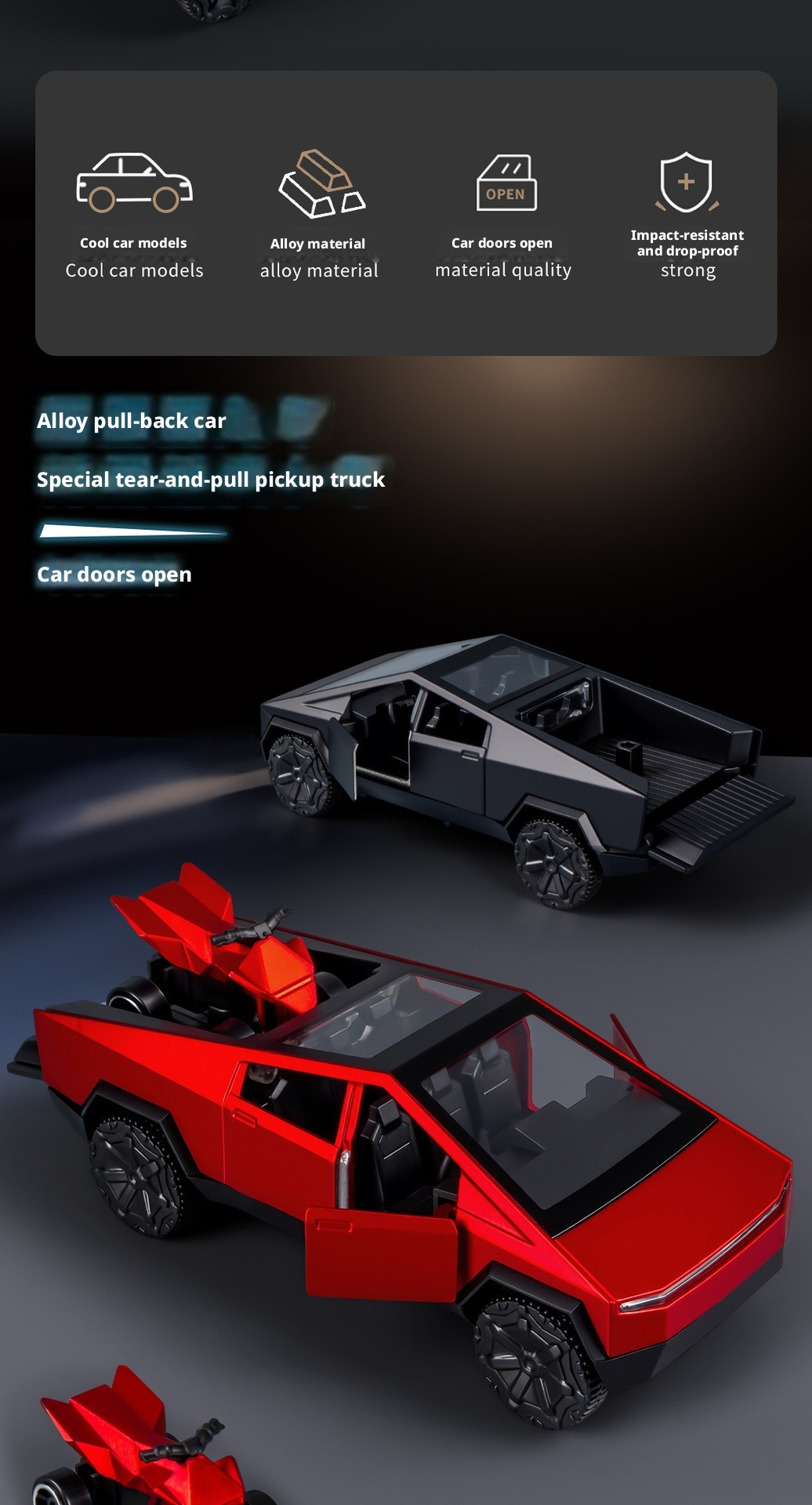 2-in-1 Tesla Cybertruck Diecast Metal Toy Car with Mini Quad Bike ATV – 1:32 Scale Alloy Pull Back Pickup Truck, Openable Doors & Tailgate, Collectible Model for Kids & Adults