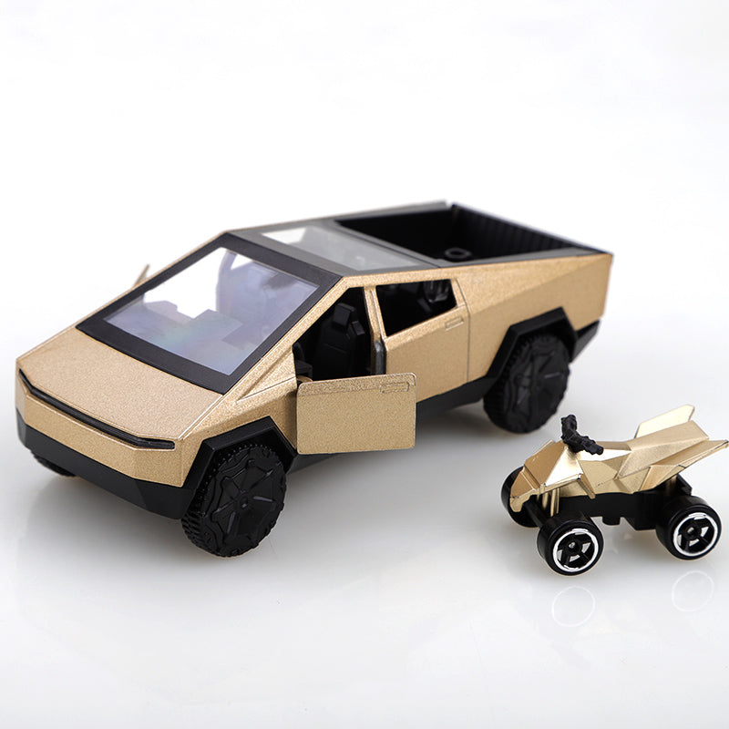 2-in-1 Tesla Cybertruck Diecast Metal Toy Car with Mini Quad Bike ATV – 1:32 Scale Alloy Pull Back Pickup Truck, Openable Doors & Tailgate, Collectible Model for Kids & Adults