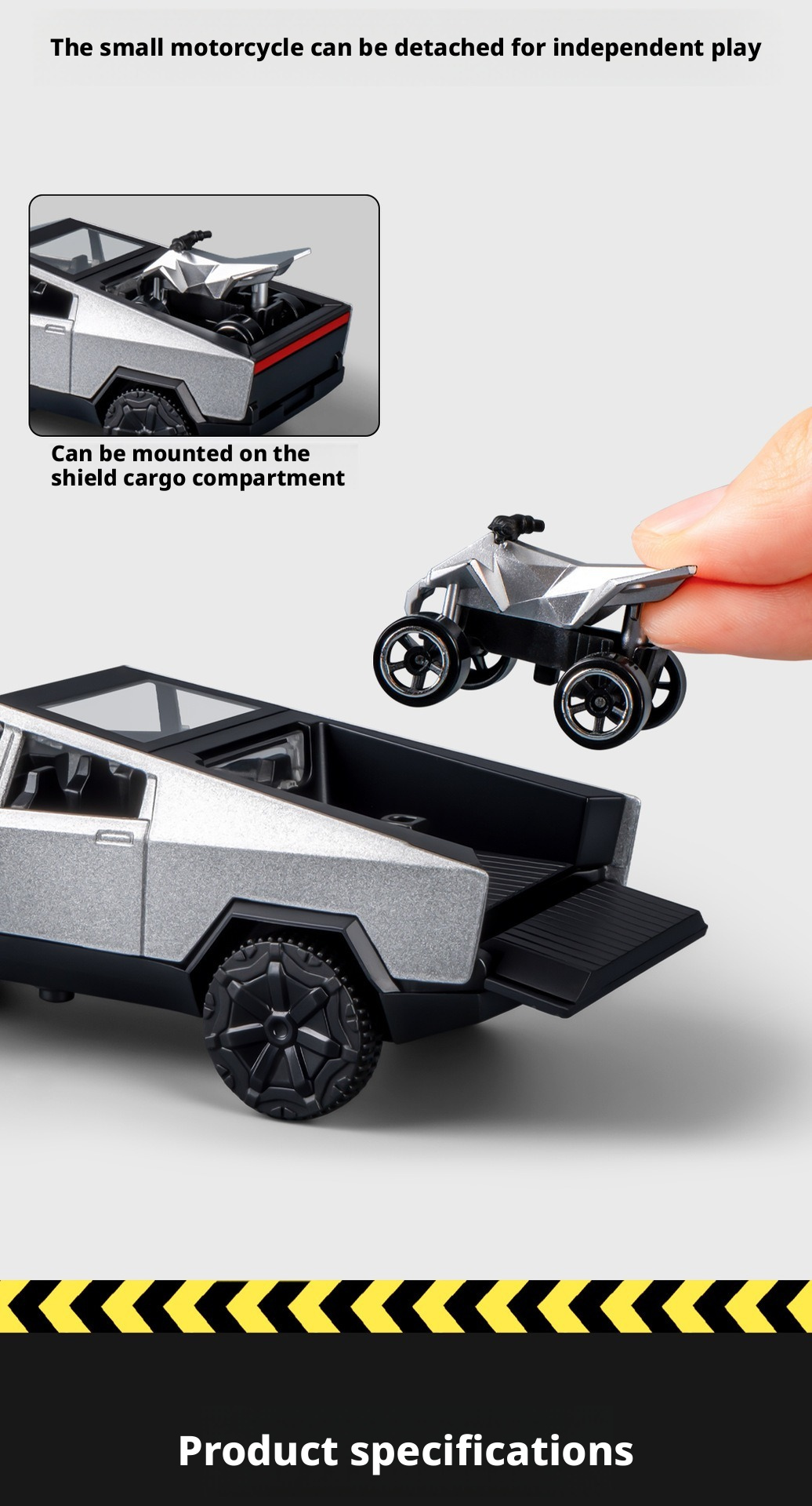2-in-1 Tesla Cybertruck Diecast Metal Toy Car with Mini Quad Bike ATV – 1:32 Scale Alloy Pull Back Pickup Truck, Openable Doors & Tailgate, Collectible Model for Kids & Adults