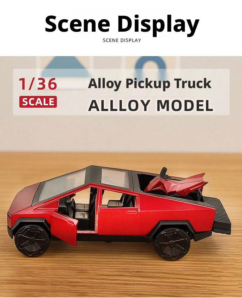 2-in-1 Tesla Cybertruck Diecast Metal Toy Car with Mini Quad Bike ATV – 1:32 Scale Alloy Pull Back Pickup Truck, Openable Doors & Tailgate, Collectible Model for Kids & Adults