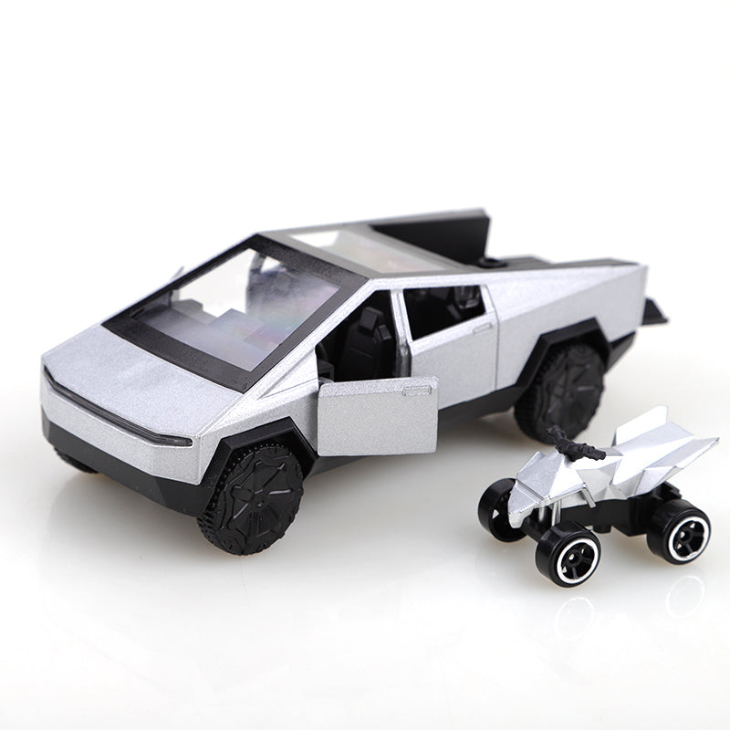 2-in-1 Tesla Cybertruck Diecast Metal Toy Car with Mini Quad Bike ATV – 1:32 Scale Alloy Pull Back Pickup Truck, Openable Doors & Tailgate, Collectible Model for Kids & Adults