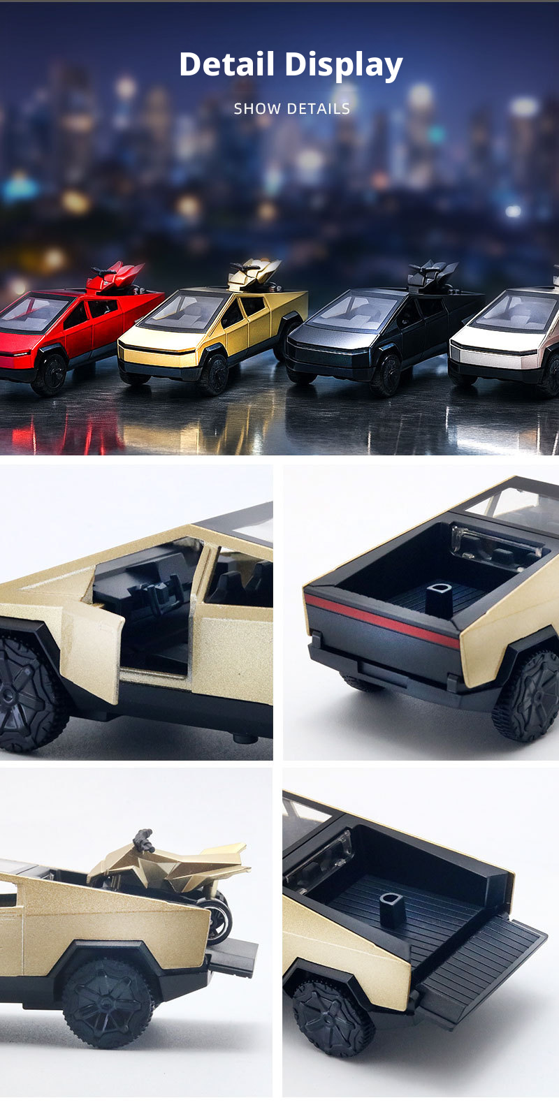 2-in-1 Tesla Cybertruck Diecast Metal Toy Car with Mini Quad Bike ATV – 1:32 Scale Alloy Pull Back Pickup Truck, Openable Doors & Tailgate, Collectible Model for Kids & Adults
