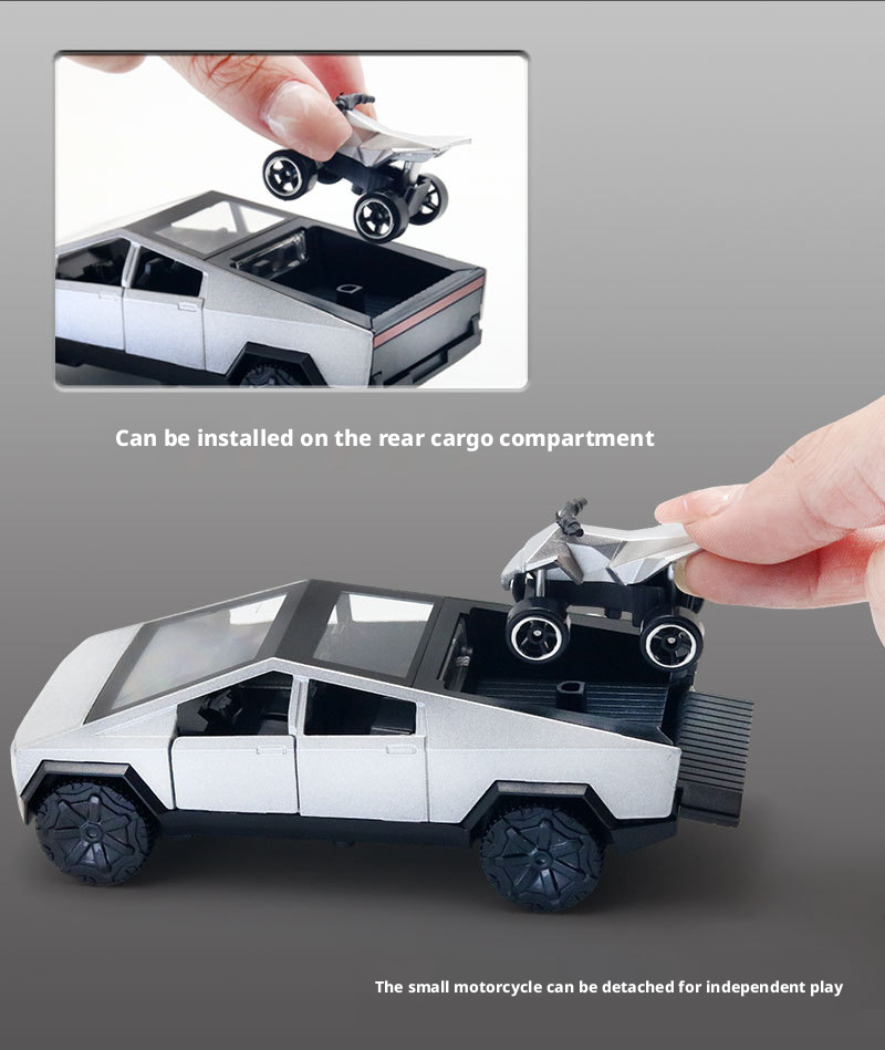 2-in-1 Tesla Cybertruck Diecast Metal Toy Car with Mini Quad Bike ATV – 1:32 Scale Alloy Pull Back Pickup Truck, Openable Doors & Tailgate, Collectible Model for Kids & Adults