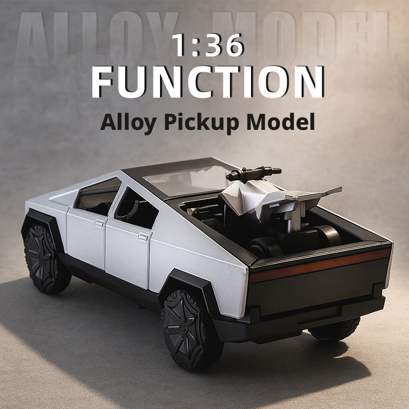2-in-1 Tesla Cybertruck Diecast Metal Toy Car with Mini Quad Bike ATV – 1:32 Scale Alloy Pull Back Pickup Truck, Openable Doors & Tailgate, Collectible Model for Kids & Adults