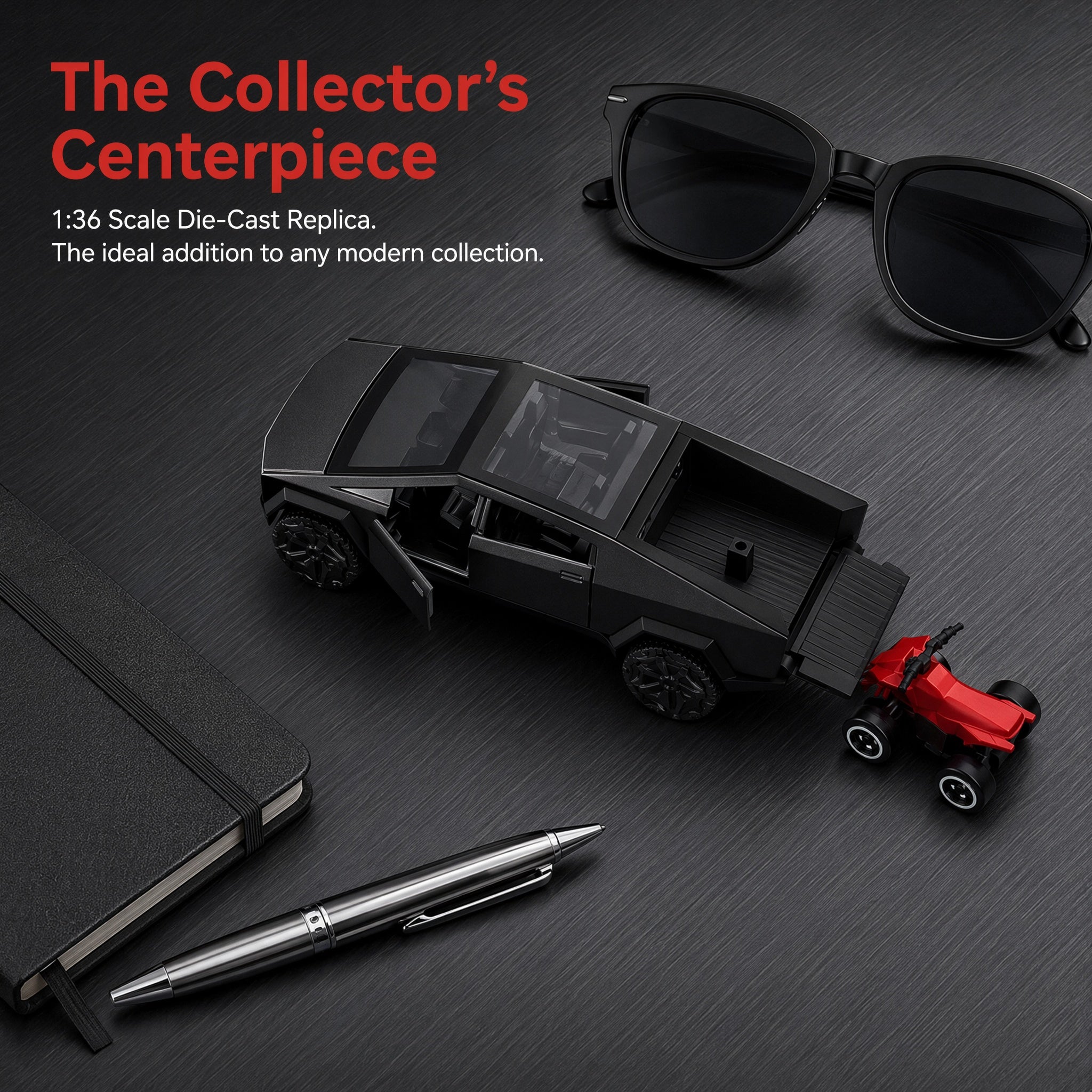 2-in-1 Tesla Cybertruck Diecast Metal Toy Car with Mini Quad Bike ATV – 1:32 Scale Alloy Pull Back Pickup Truck, Openable Doors & Tailgate, Collectible Model for Kids & Adults