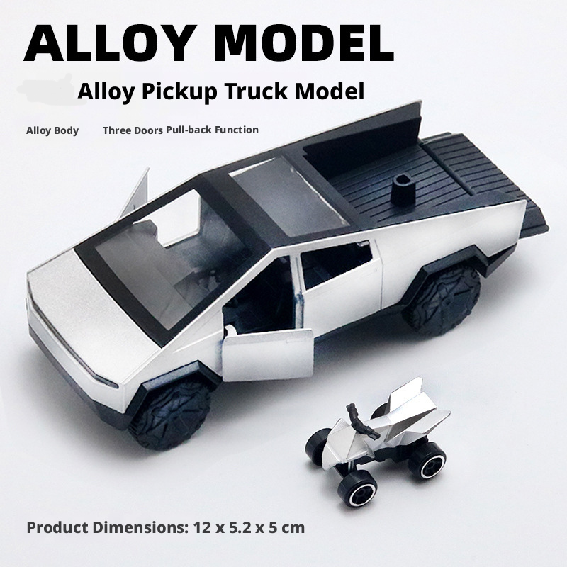 2-in-1 Tesla Cybertruck Diecast Metal Toy Car with Mini Quad Bike ATV – 1:32 Scale Alloy Pull Back Pickup Truck, Openable Doors & Tailgate, Collectible Model for Kids & Adults