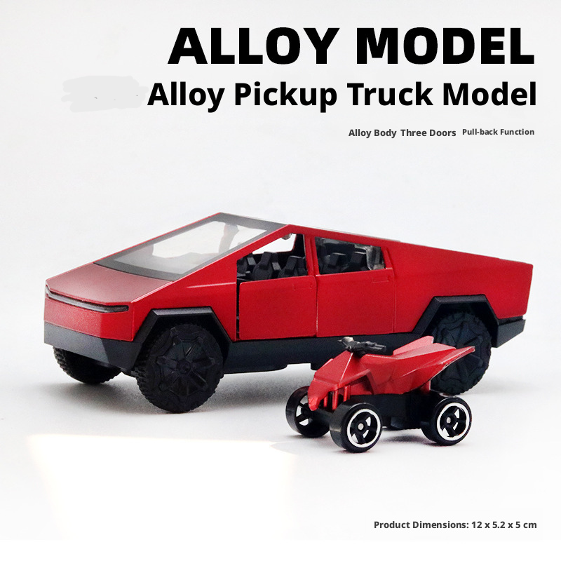 2-in-1 Tesla Cybertruck Diecast Metal Toy Car with Mini Quad Bike ATV – 1:32 Scale Alloy Pull Back Pickup Truck, Openable Doors & Tailgate, Collectible Model for Kids & Adults