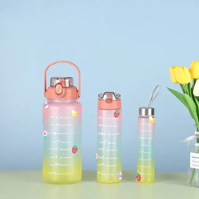 3-Piece Dual Lock Water Bottle Set - 2000ml, 900ml, 300ml - BPA Free, Leak Proof & Motivational for Fitness & Outdoor