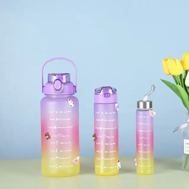 3-Piece Dual Lock Water Bottle Set - 2000ml, 900ml, 300ml - BPA Free, Leak Proof & Motivational for Fitness & Outdoor