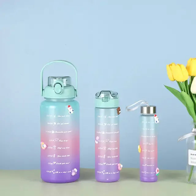 3-Piece Dual Lock Water Bottle Set - 2000ml, 900ml, 300ml - BPA Free, Leak Proof & Motivational for Fitness & Outdoor