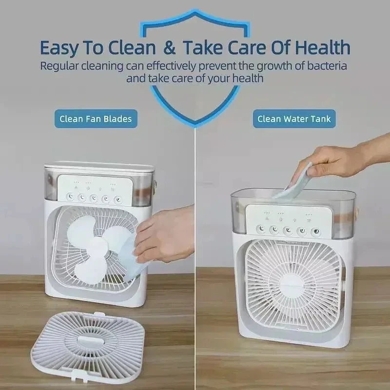3-in-1 Portable Mini Air Cooler Fan with Humidifier & LED Night Light, USB Powered Personal Air Conditioner, Mist Spray Cooling Fan for Home, Office & Bedroom  Stay Cool Anywhere with the 3-in-1 Portable Air Cooler Fan