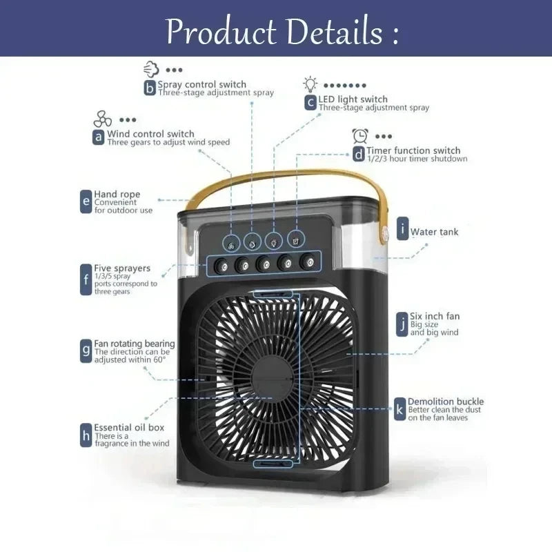 3-in-1 Portable Mini Air Cooler Fan with Humidifier & LED Night Light, USB Powered Personal Air Conditioner, Mist Spray Cooling Fan for Home, Office & Bedroom  Stay Cool Anywhere with the 3-in-1 Portable Air Cooler Fan