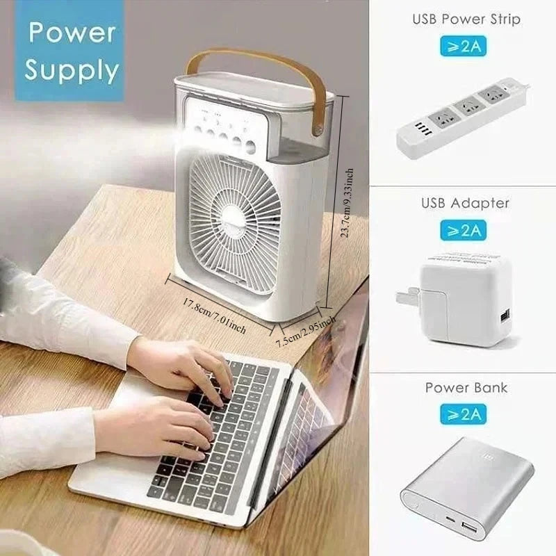 3-in-1 Portable Mini Air Cooler Fan with Humidifier & LED Night Light, USB Powered Personal Air Conditioner, Mist Spray Cooling Fan for Home, Office & Bedroom  Stay Cool Anywhere with the 3-in-1 Portable Air Cooler Fan