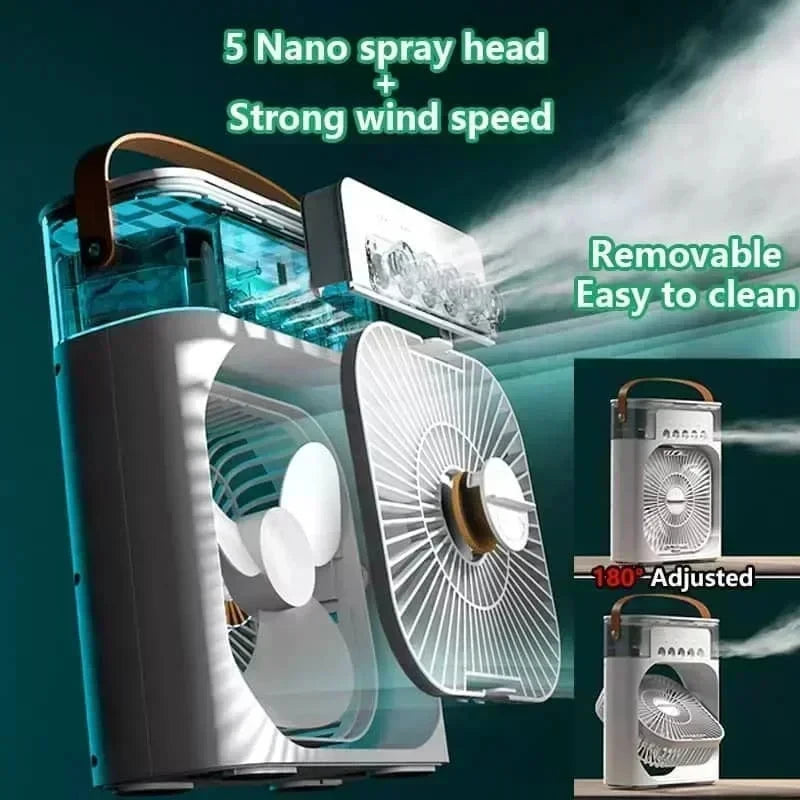 3-in-1 Portable Mini Air Cooler Fan with Humidifier & LED Night Light, USB Powered Personal Air Conditioner, Mist Spray Cooling Fan for Home, Office & Bedroom  Stay Cool Anywhere with the 3-in-1 Portable Air Cooler Fan