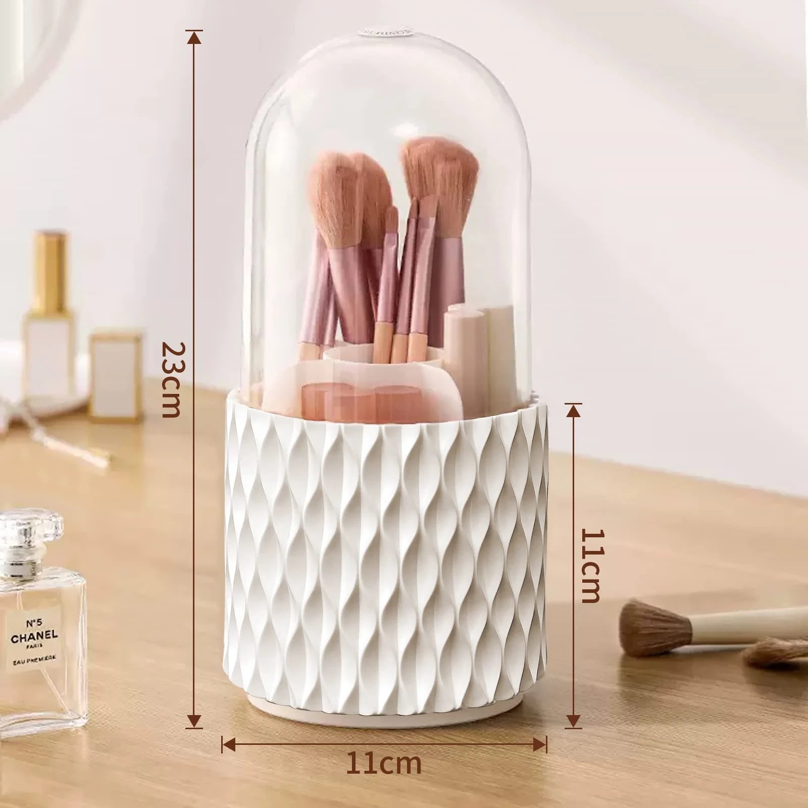 360° Rotating Makeup Brush Holder with 5 Compartments & Transparent Lid