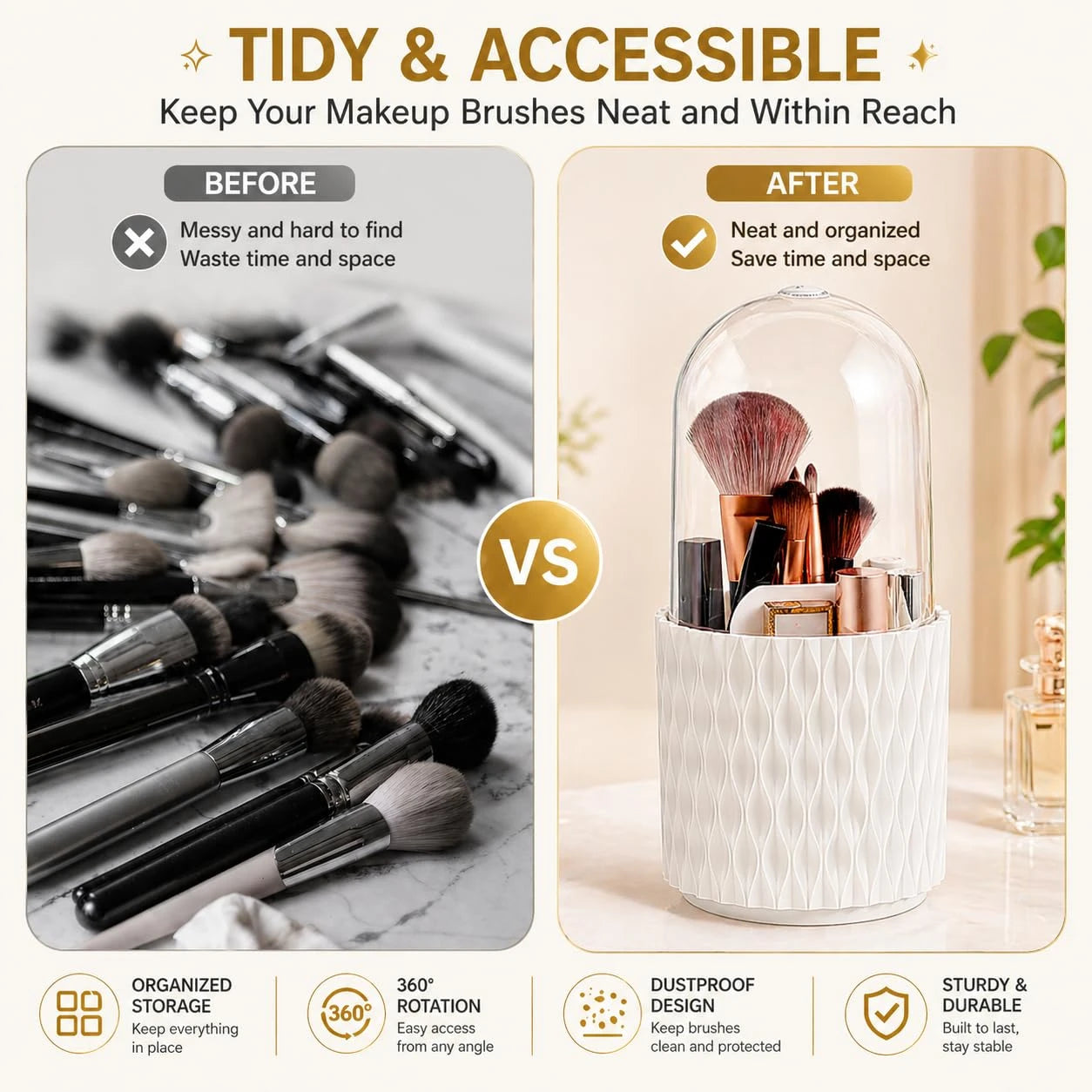360° Rotating Makeup Brush Holder with 5 Compartments & Transparent Lid