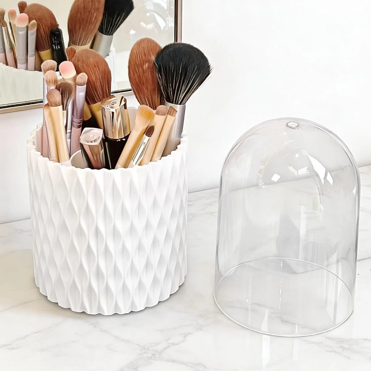 360° Rotating Makeup Brush Holder with 5 Compartments & Transparent Lid