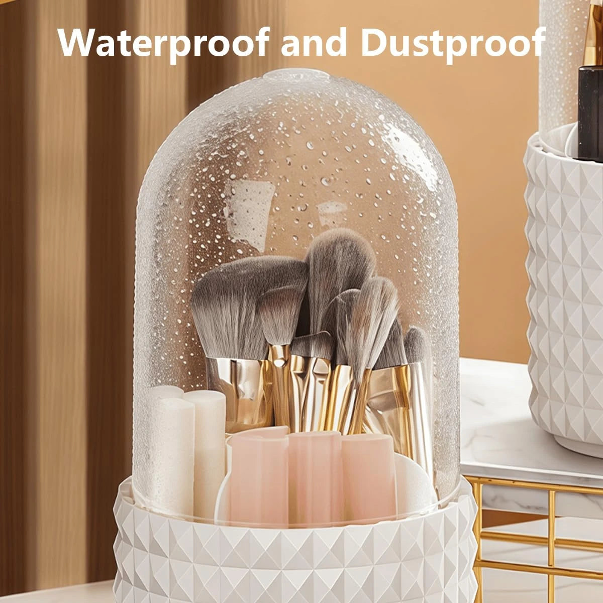 360° Rotating Makeup Brush Holder with 5 Compartments & Transparent Lid