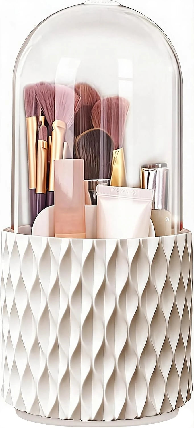 360° Rotating Makeup Brush Holder with 5 Compartments & Transparent Lid