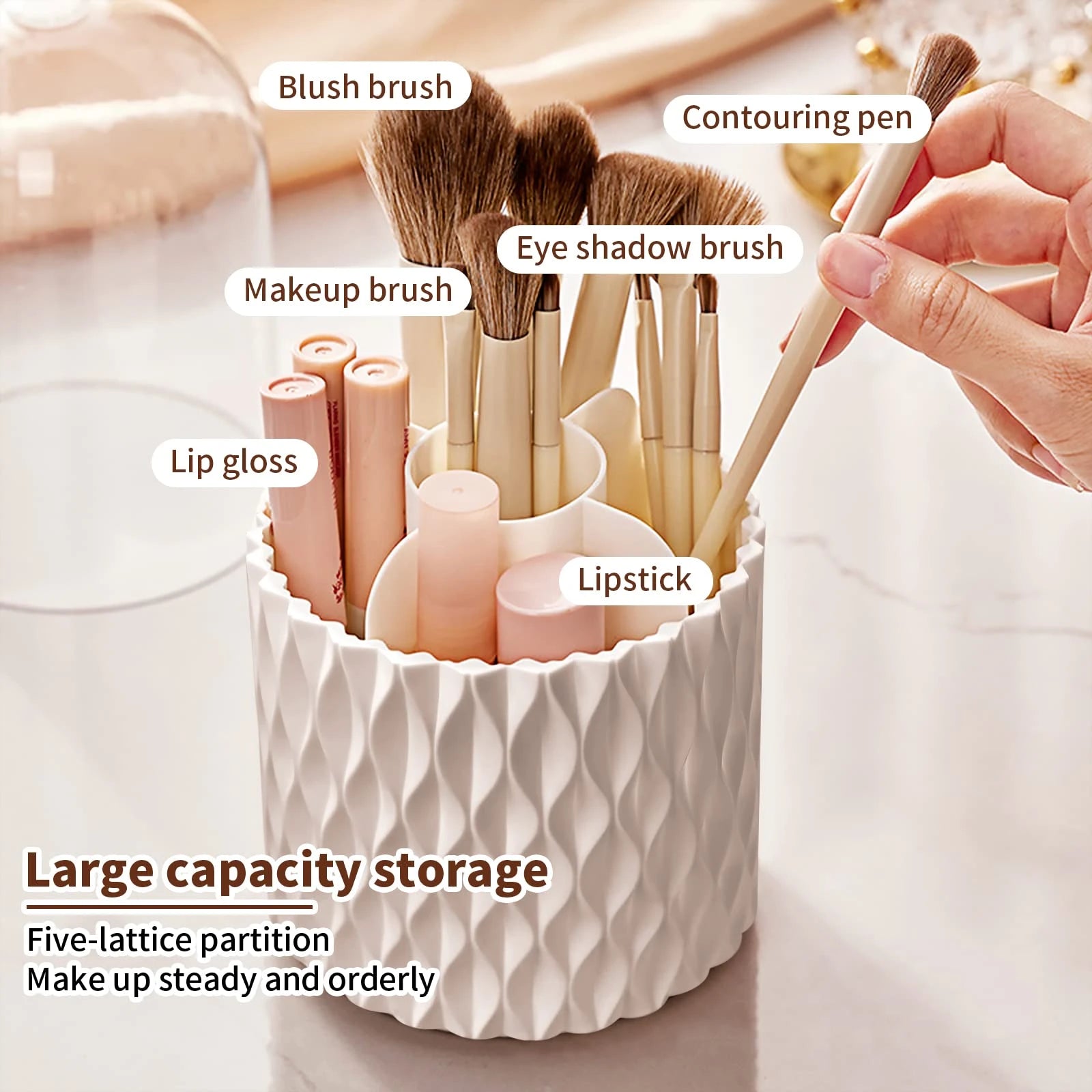 360° Rotating Makeup Brush Holder with 5 Compartments & Transparent Lid