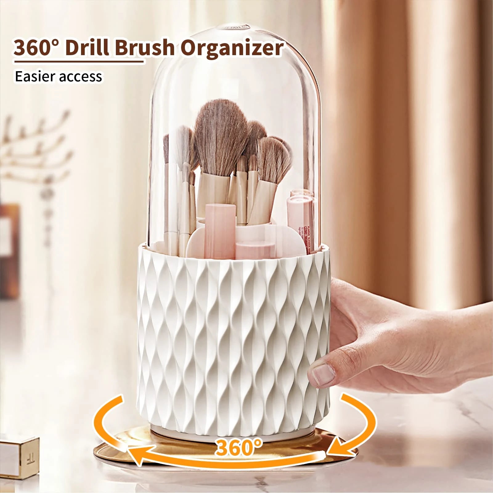 360° Rotating Makeup Brush Holder with 5 Compartments & Transparent Lid