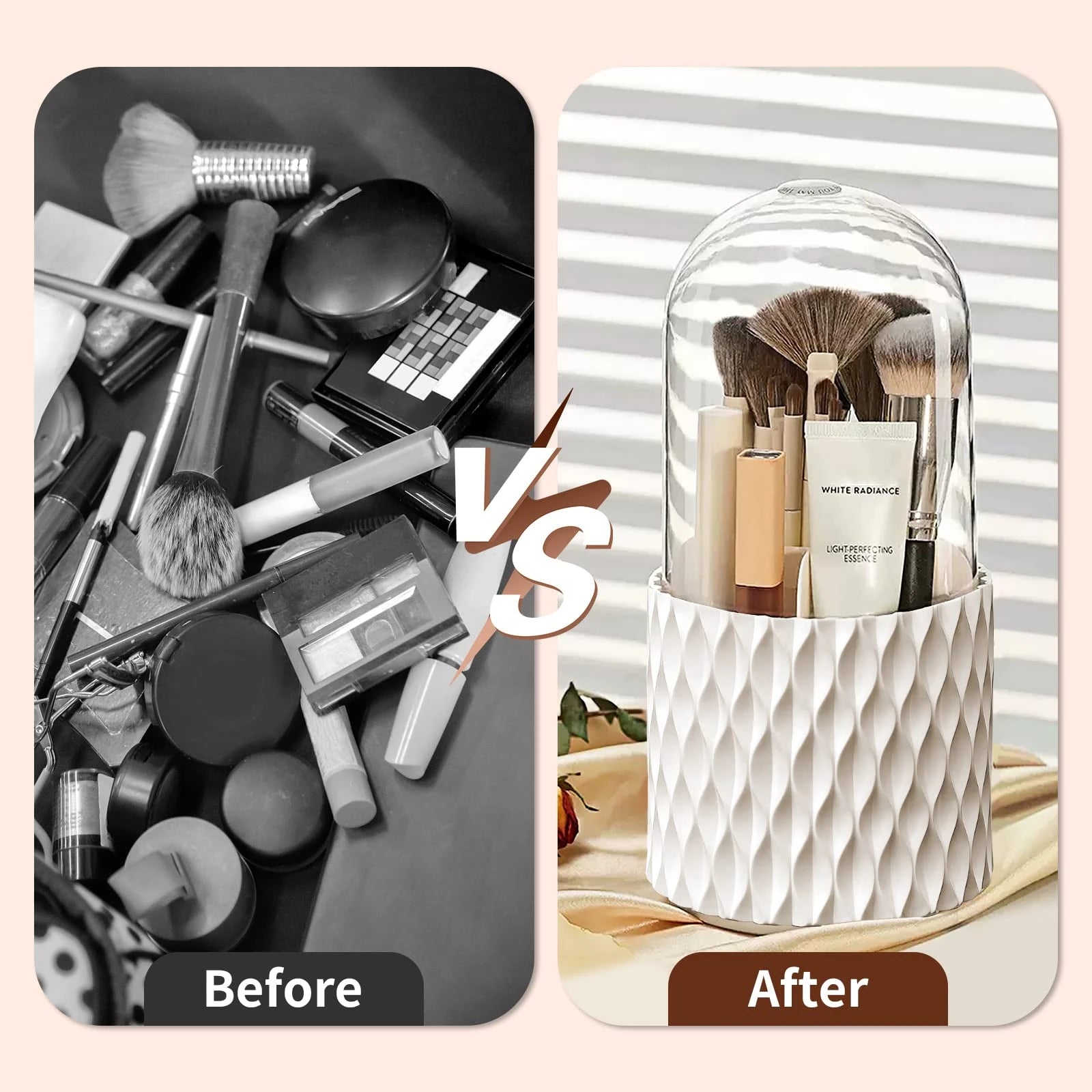 360° Rotating Makeup Brush Holder with 5 Compartments & Transparent Lid