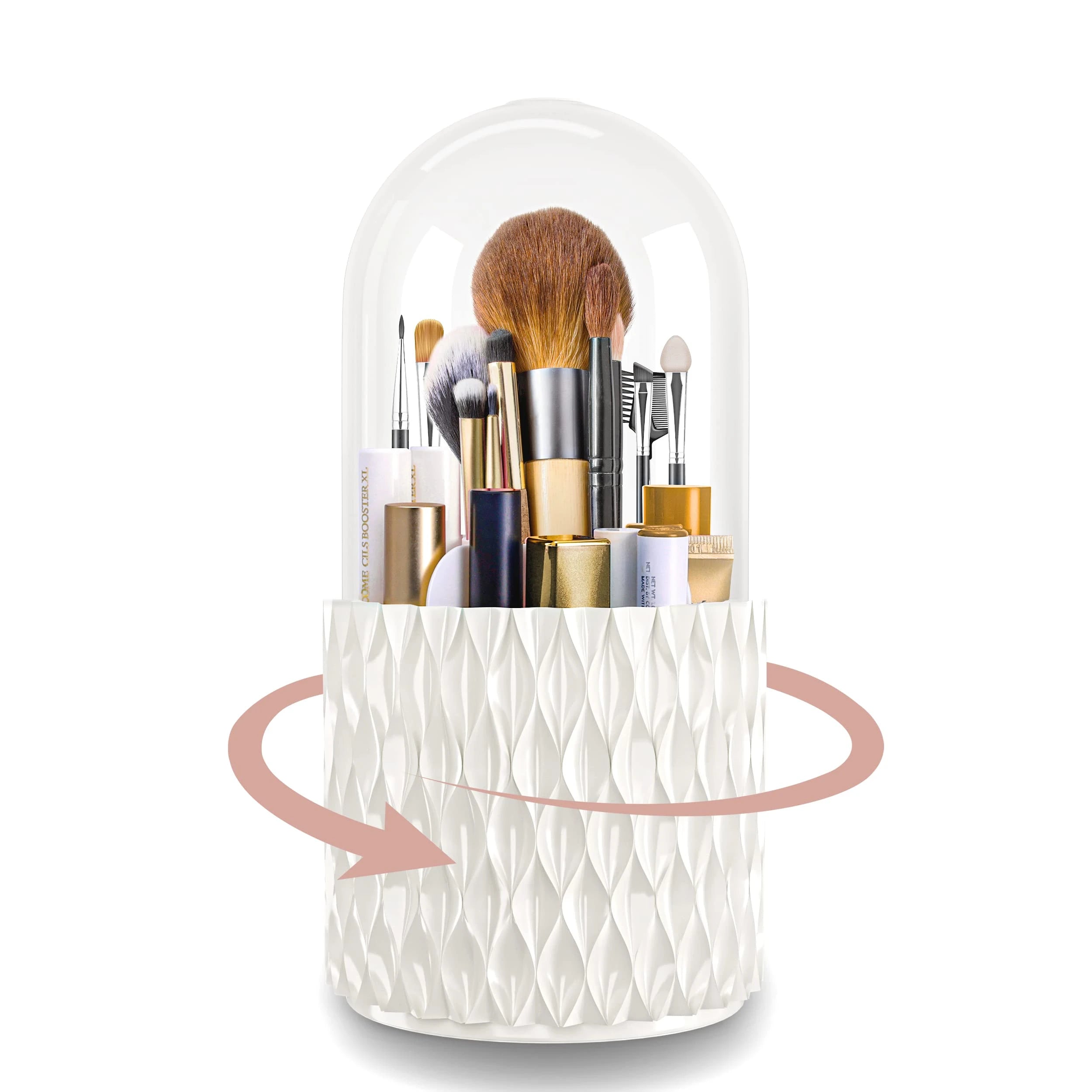 360° Rotating Makeup Brush Holder with 5 Compartments & Transparent Lid