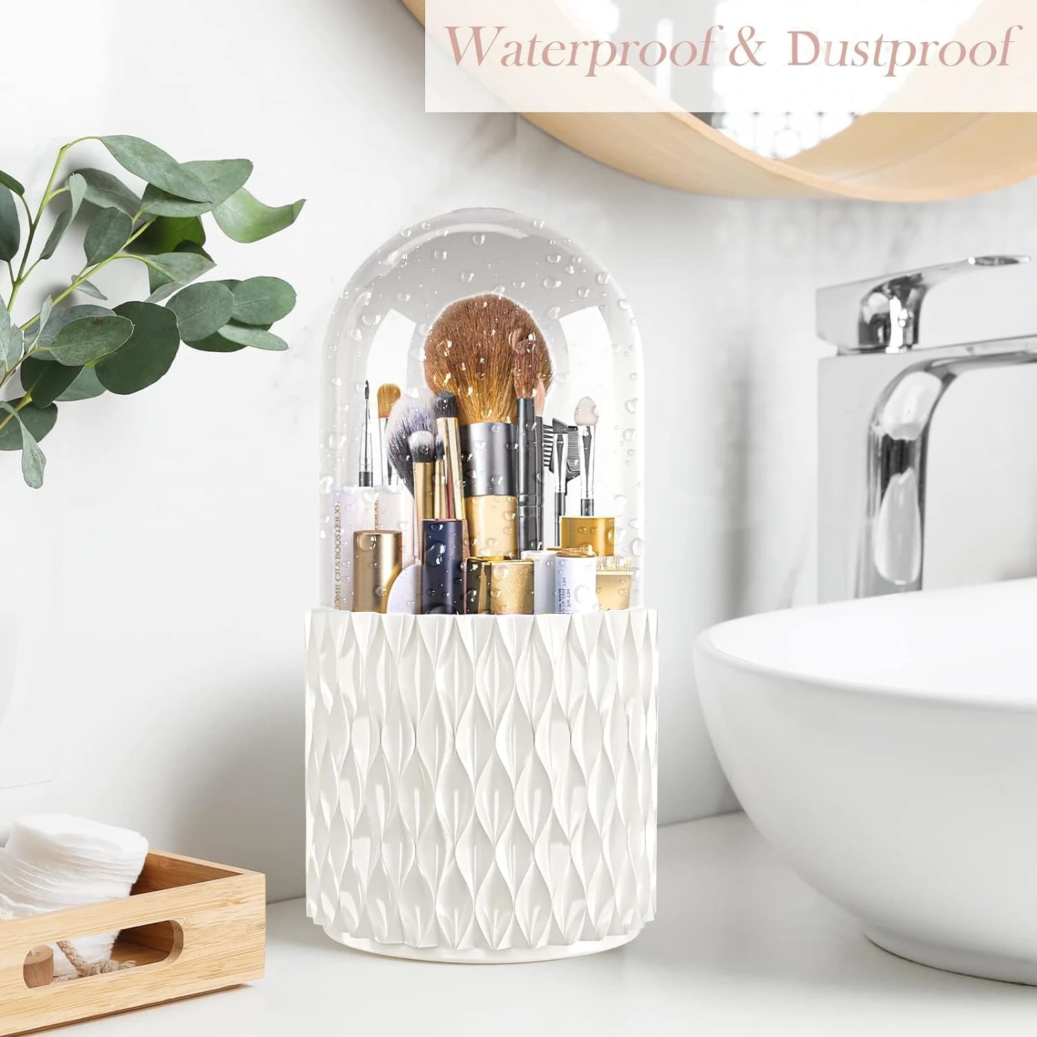 360° Rotating Makeup Brush Holder with 5 Compartments & Transparent Lid