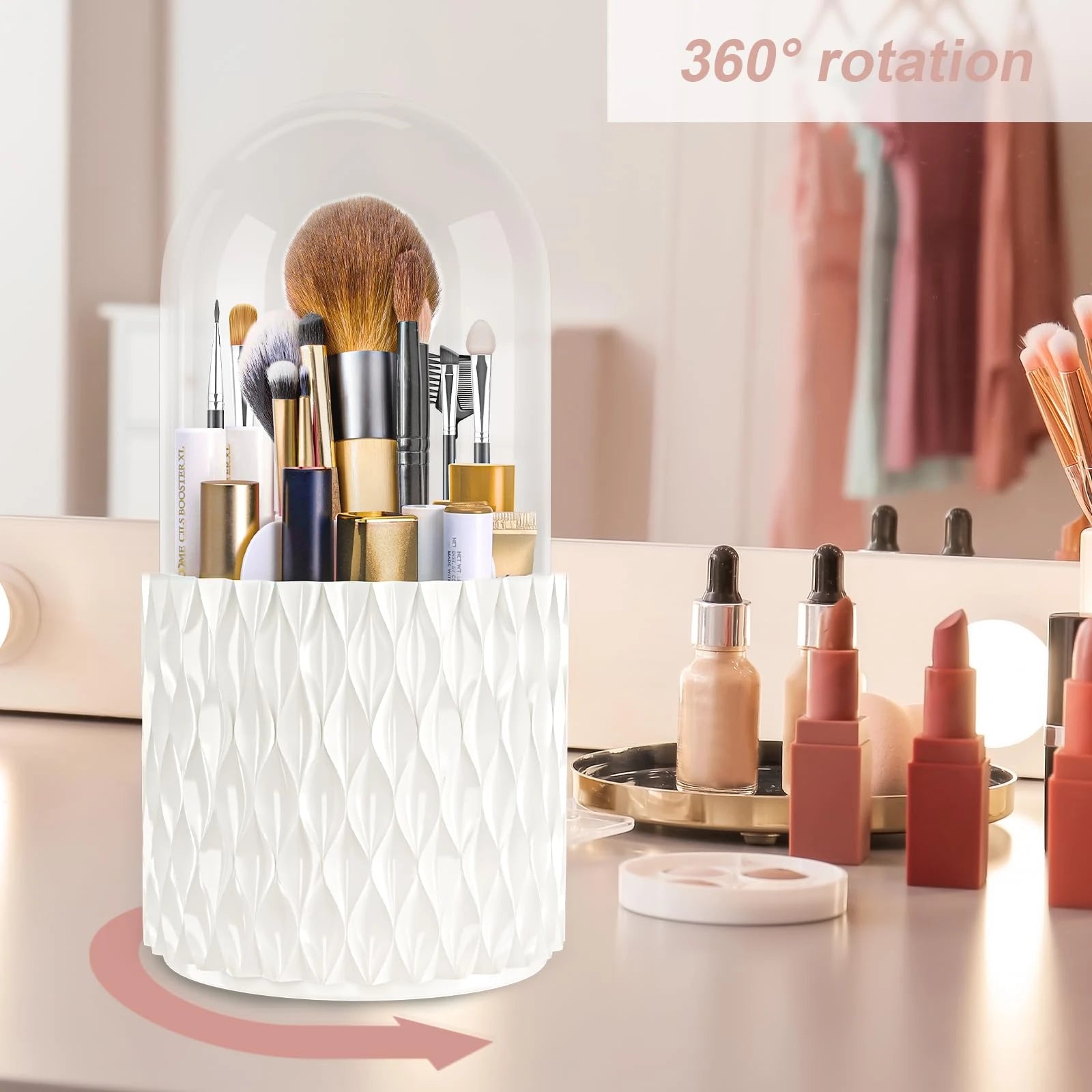 360° Rotating Makeup Brush Holder with 5 Compartments & Transparent Lid