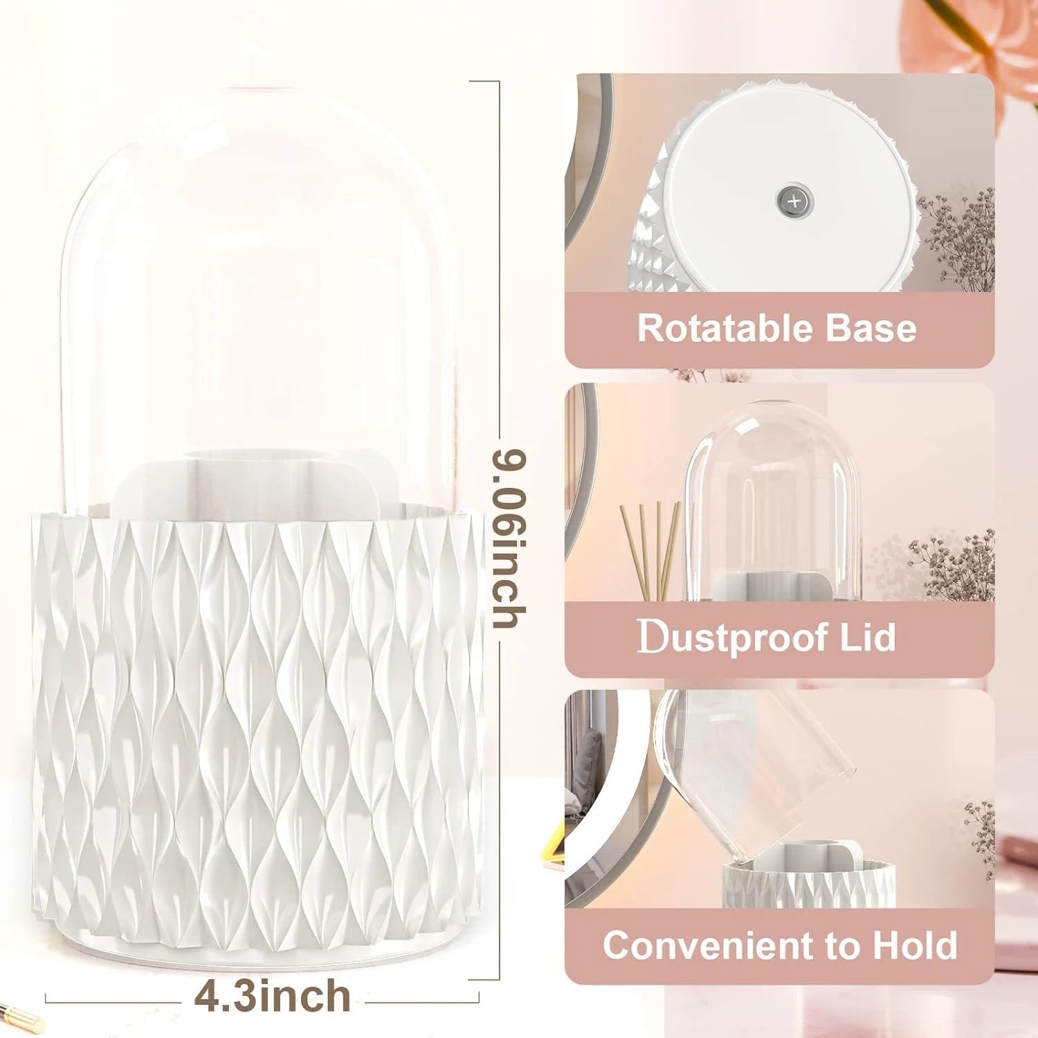 360° Rotating Makeup Brush Holder with 5 Compartments & Transparent Lid