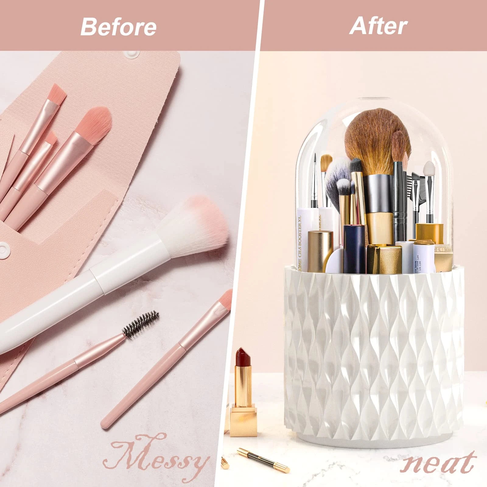 360° Rotating Makeup Brush Holder with 5 Compartments & Transparent Lid