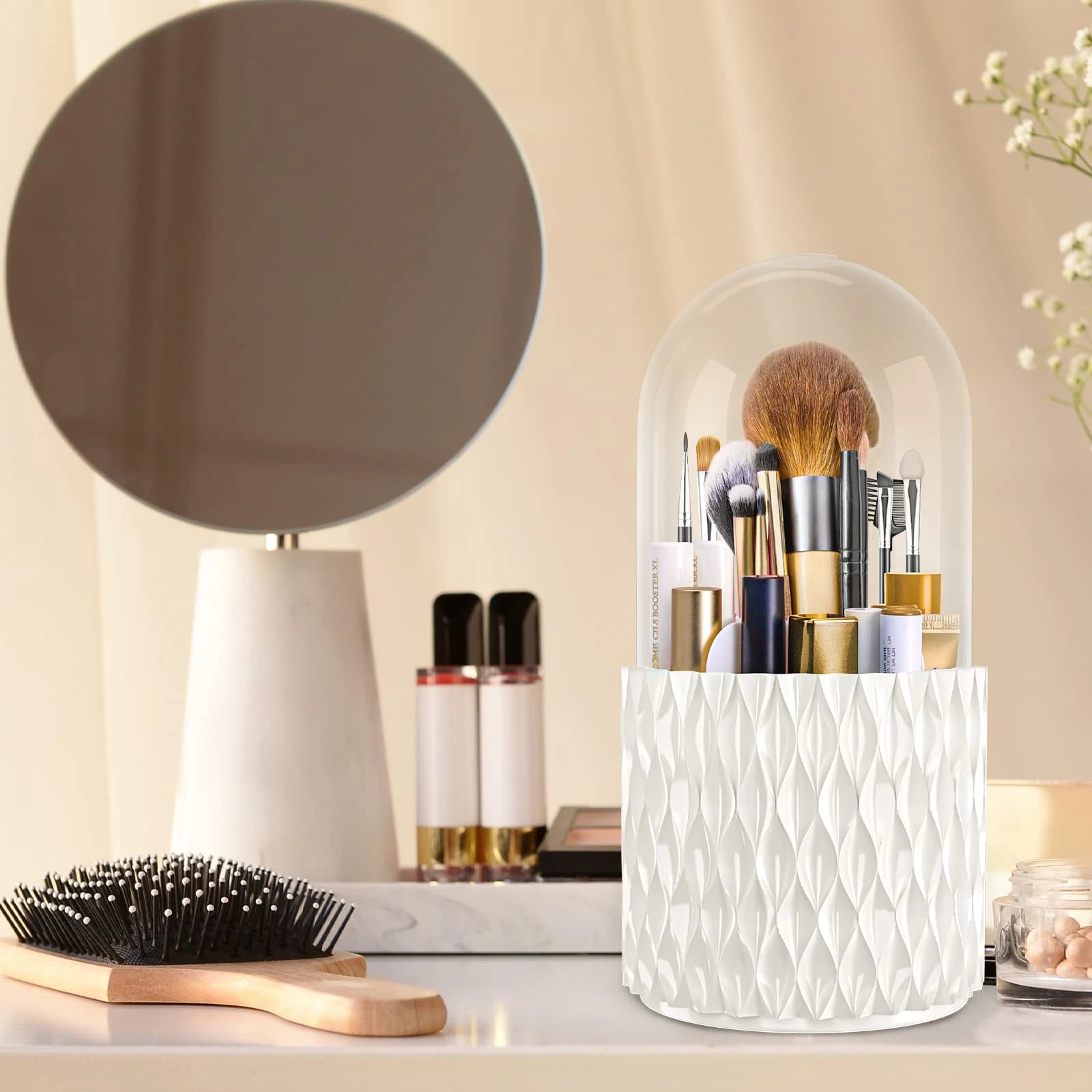 360° Rotating Makeup Brush Holder with 5 Compartments & Transparent Lid