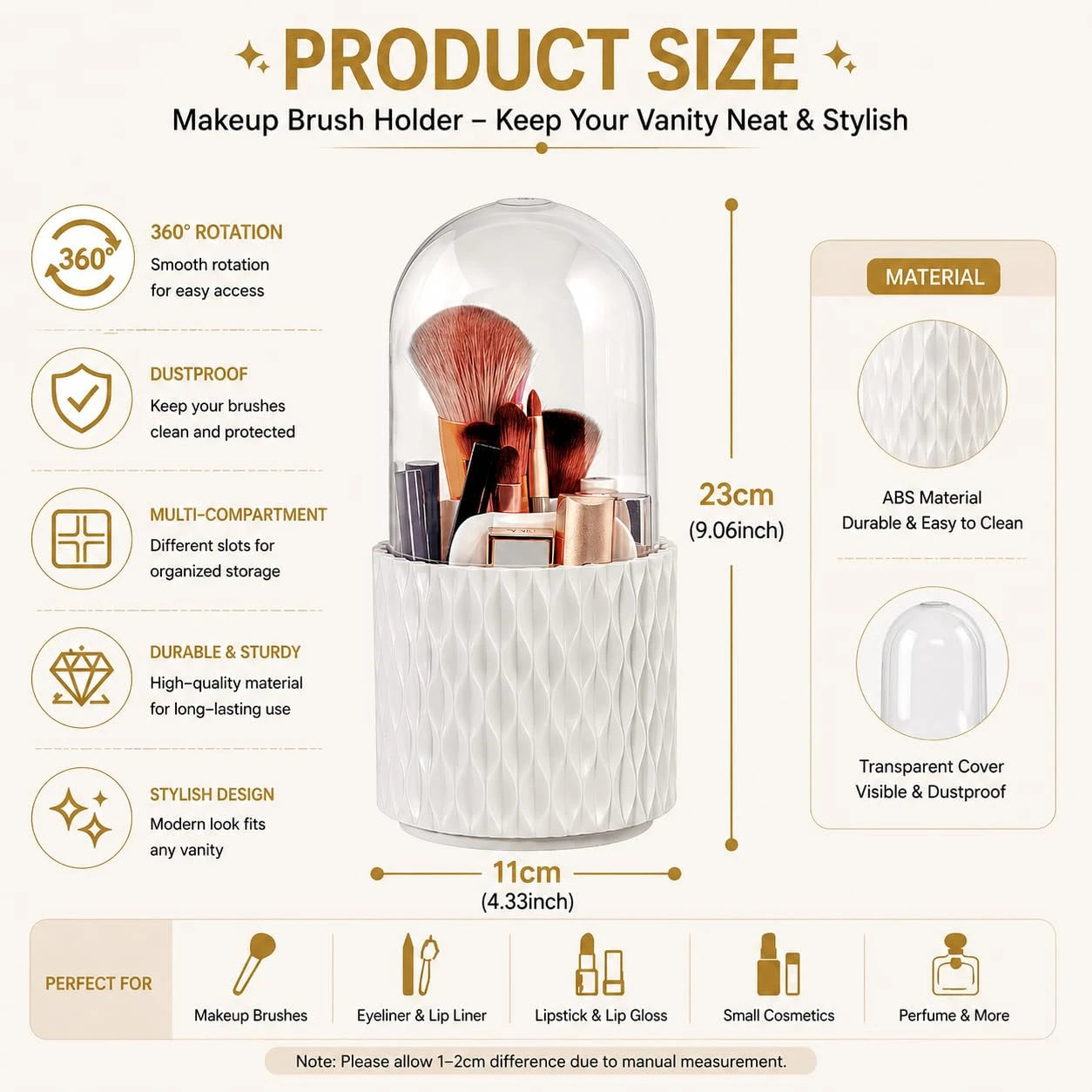 360° Rotating Makeup Brush Holder with 5 Compartments & Transparent Lid