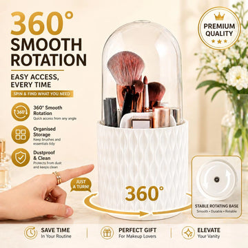 360° Rotating Makeup Brush Holder with 5 Compartments & Transparent Lid