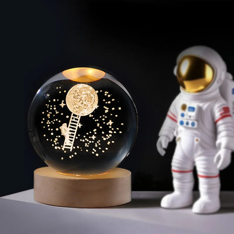3D Laser Engraved Crystal Ball LED Night Light – With Wooden Base | USB Powered Gift & Home Décor