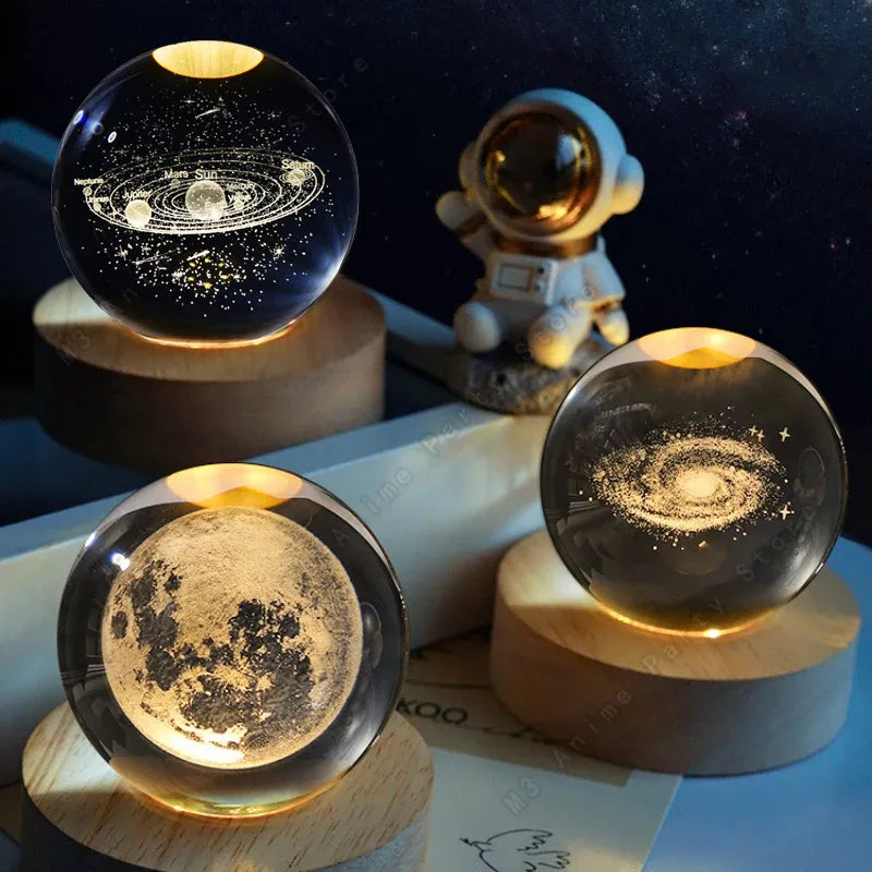 3D Laser Engraved Crystal Ball LED Night Light – With Wooden Base | USB Powered Gift & Home Décor