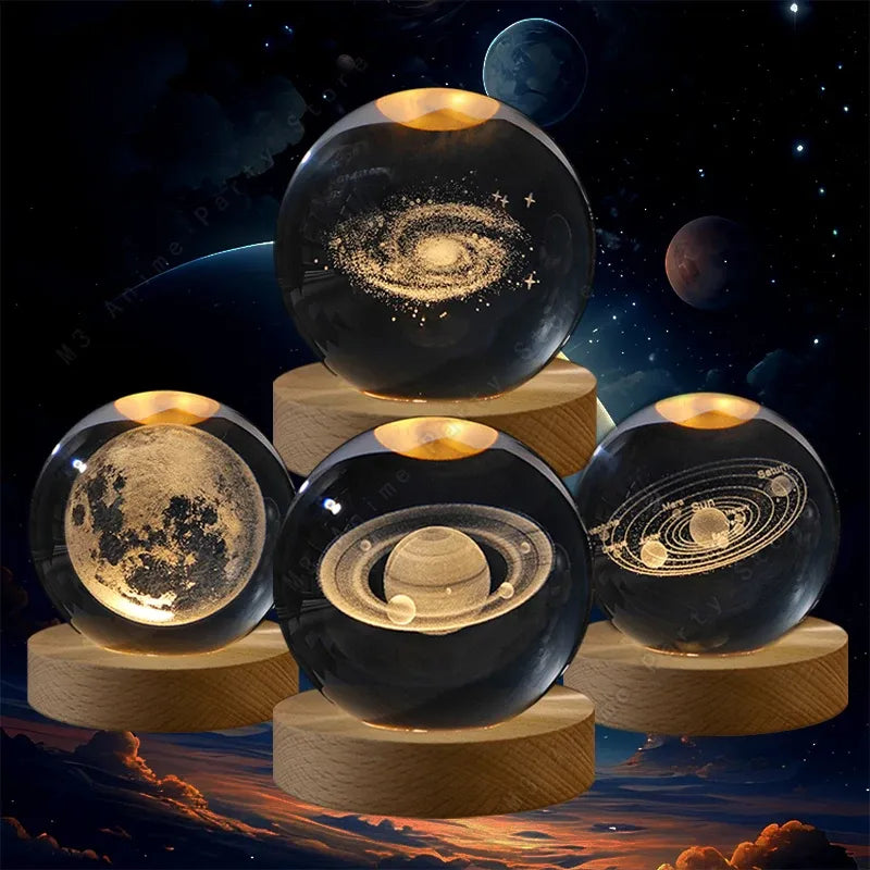 3D Laser Engraved Crystal Ball LED Night Light – With Wooden Base | USB Powered Gift & Home Décor