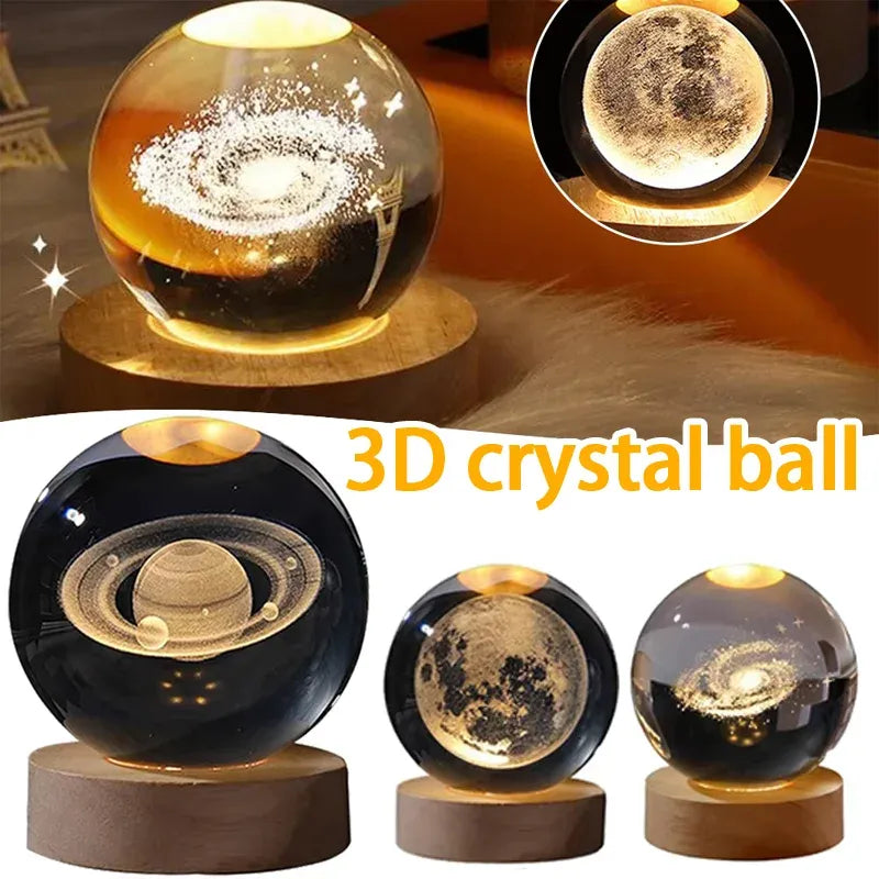 3D Laser Engraved Crystal Ball LED Night Light – With Wooden Base | USB Powered Gift & Home Décor