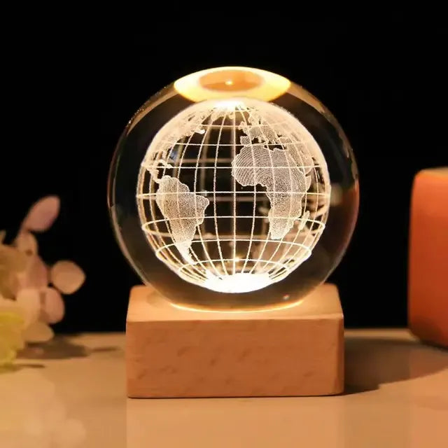 3D Laser Engraved Crystal Ball LED Night Light – With Wooden Base | USB Powered Gift & Home Décor