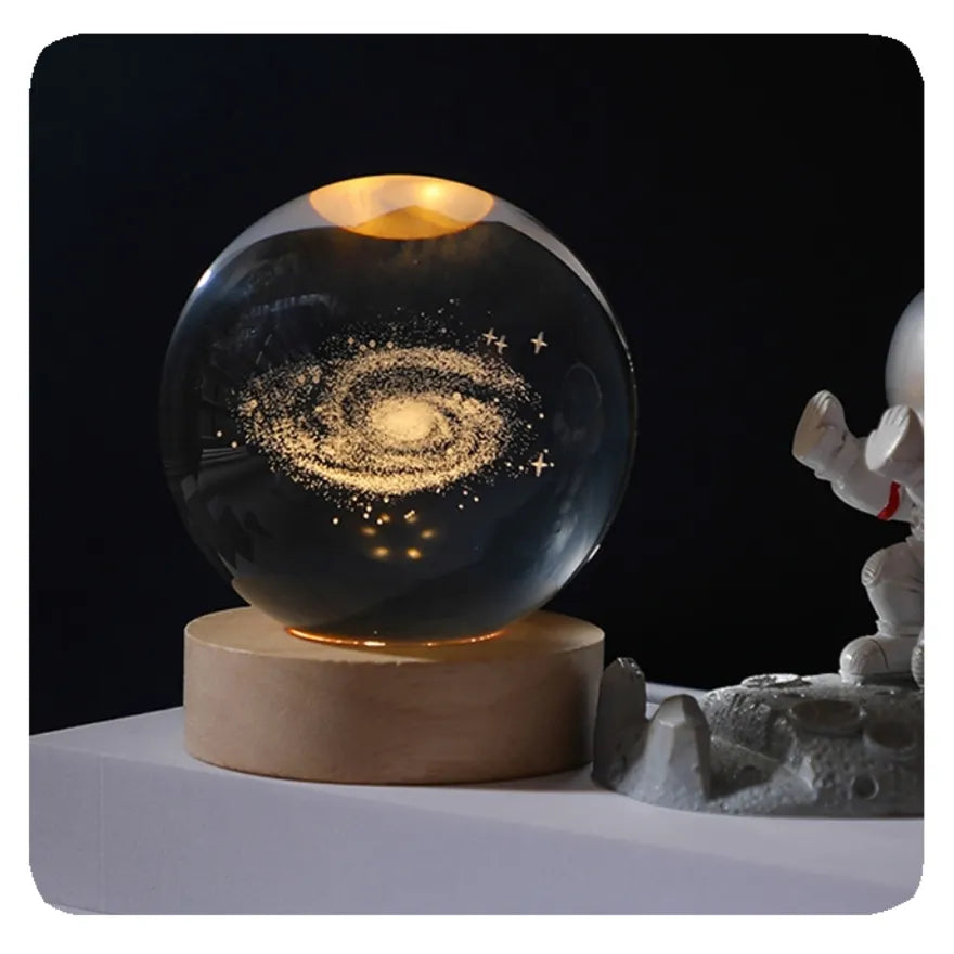 3D Laser Engraved Crystal Ball LED Night Light – With Wooden Base | USB Powered Gift & Home Décor