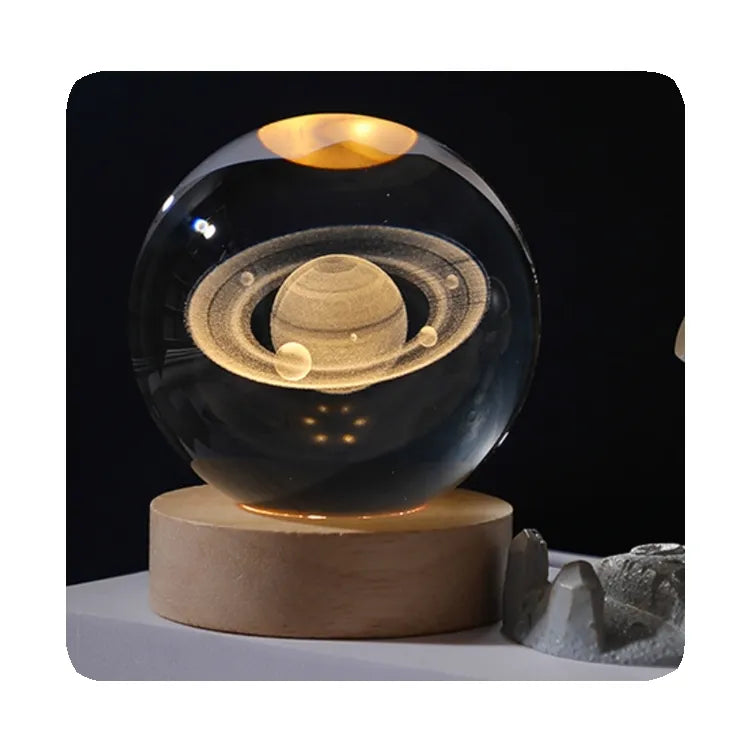 3D Laser Engraved Crystal Ball LED Night Light – With Wooden Base | USB Powered Gift & Home Décor